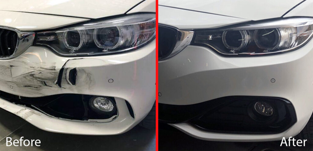 Before and after collision repair on BMW front end damage in Las Vegas