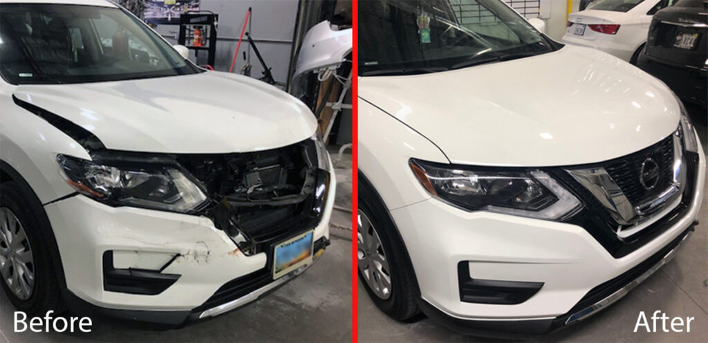 Before and after collision repair on Nissan SUV front end damage in Las Vegas